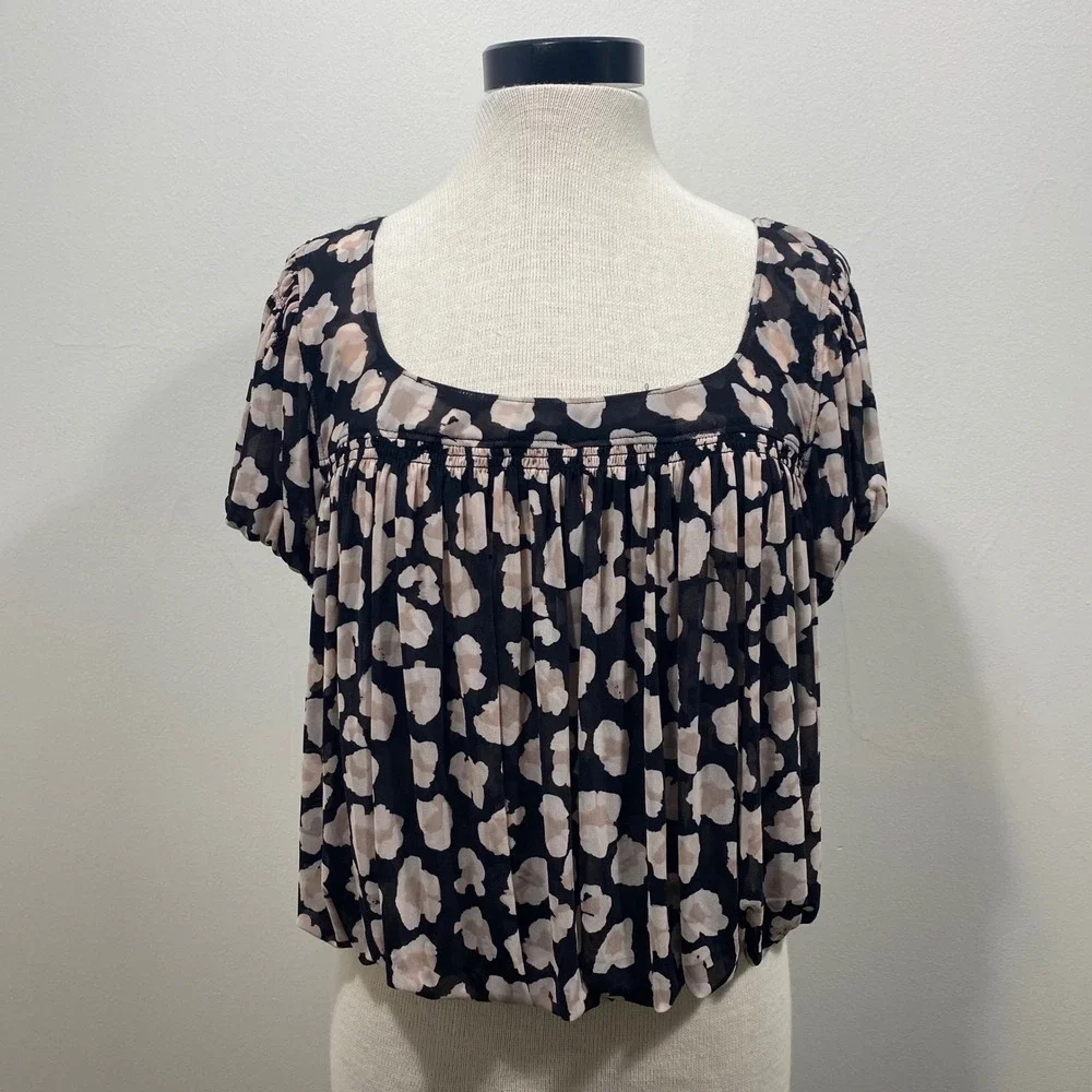Free People‎ Mesh Square Neck Smocked Abstract Leopard Short Sleeve Top Size M